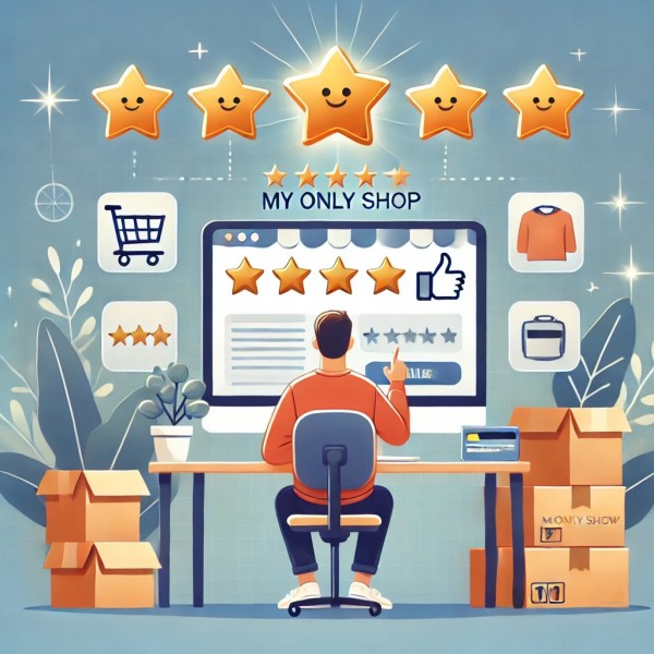 DALL-E-2025-03-11-17-04-57-An-image-that-visually-represents-online-shopping-with-a-happy-customer-reviewing-products-on-a-computer-screen-Include-a-glowing-positive-feedback